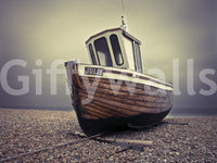 Kitchen breakfast area wall mural with moored boats scene, coastal colour styling for home décor