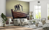Lounge feature wall with coastal boats mural, modern home décor in soft neutral colours
