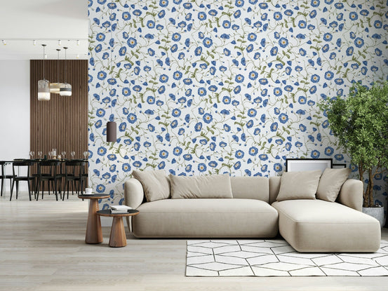 Blue Morning Glory wallpaper featuring climbing vines and blooming petals