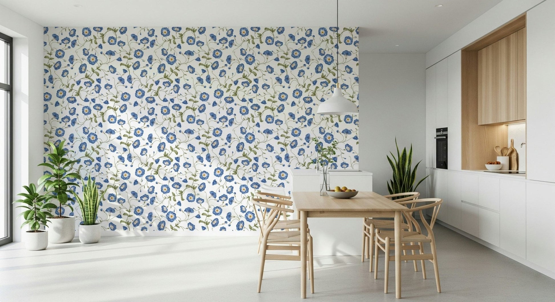 Fresh blooming Morning Glory wallpaper for walls creating airy atmosphere