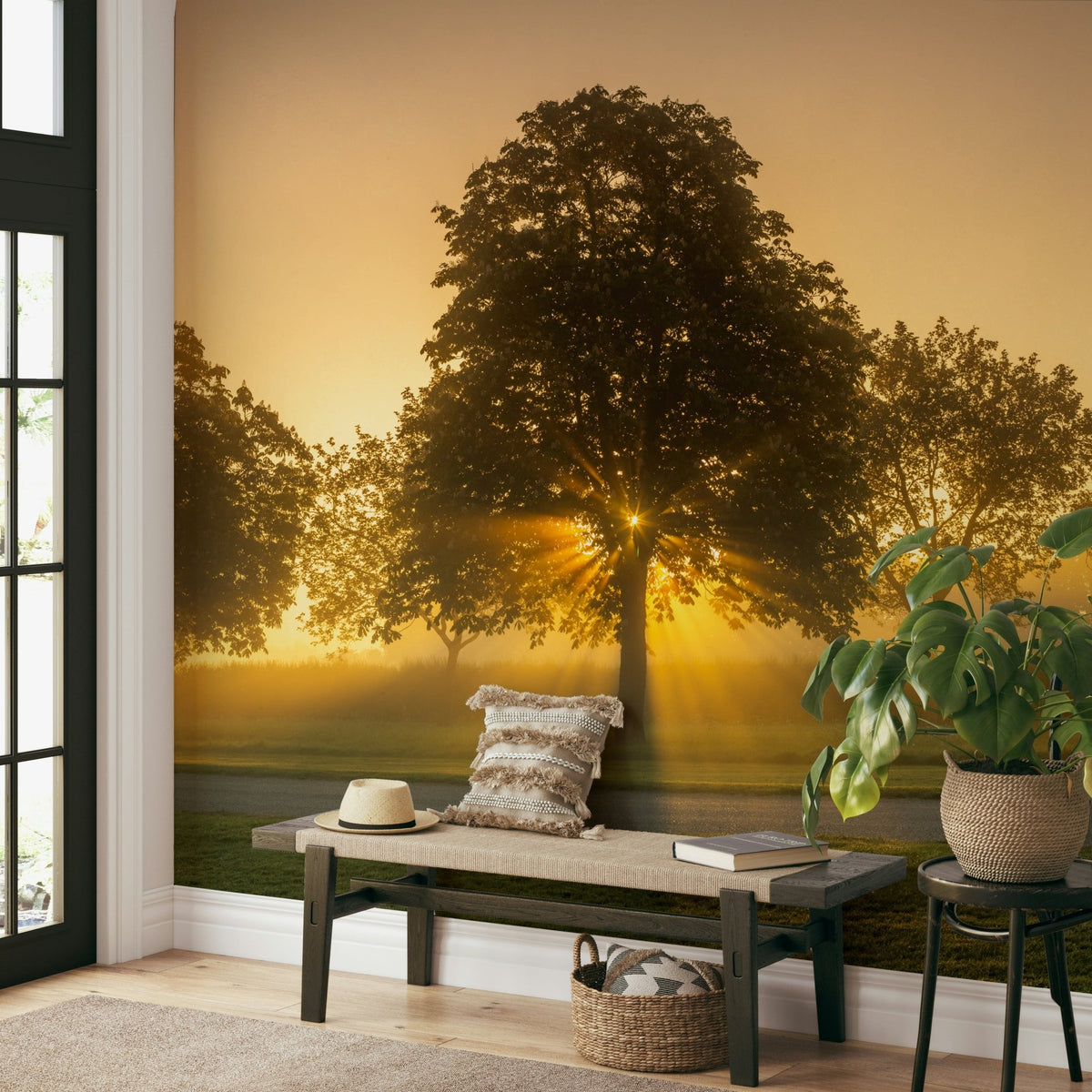 Morning light streaming over a peaceful landscape wall mural

