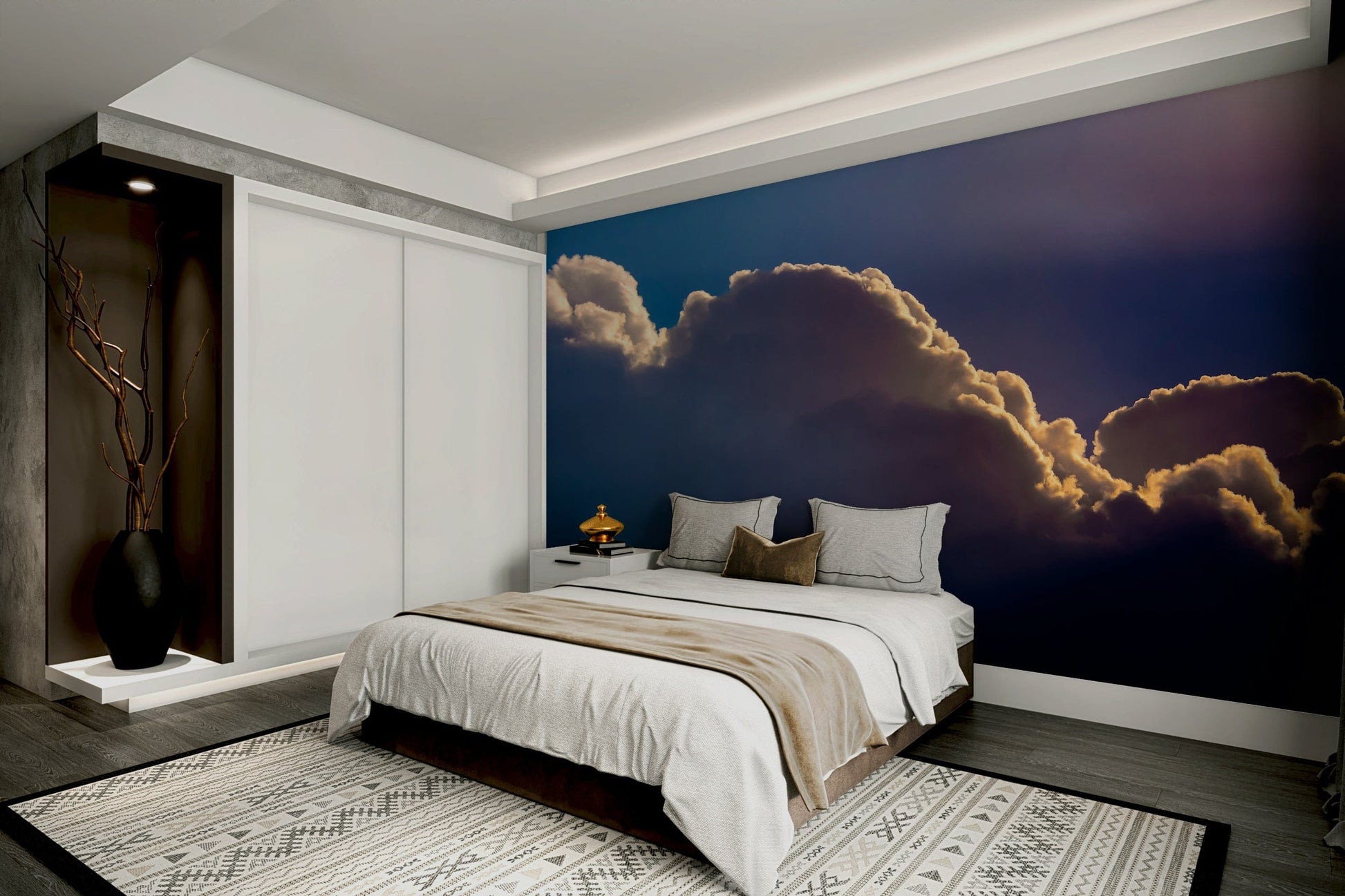A peaceful morning light mural on decorative wallpaper.

