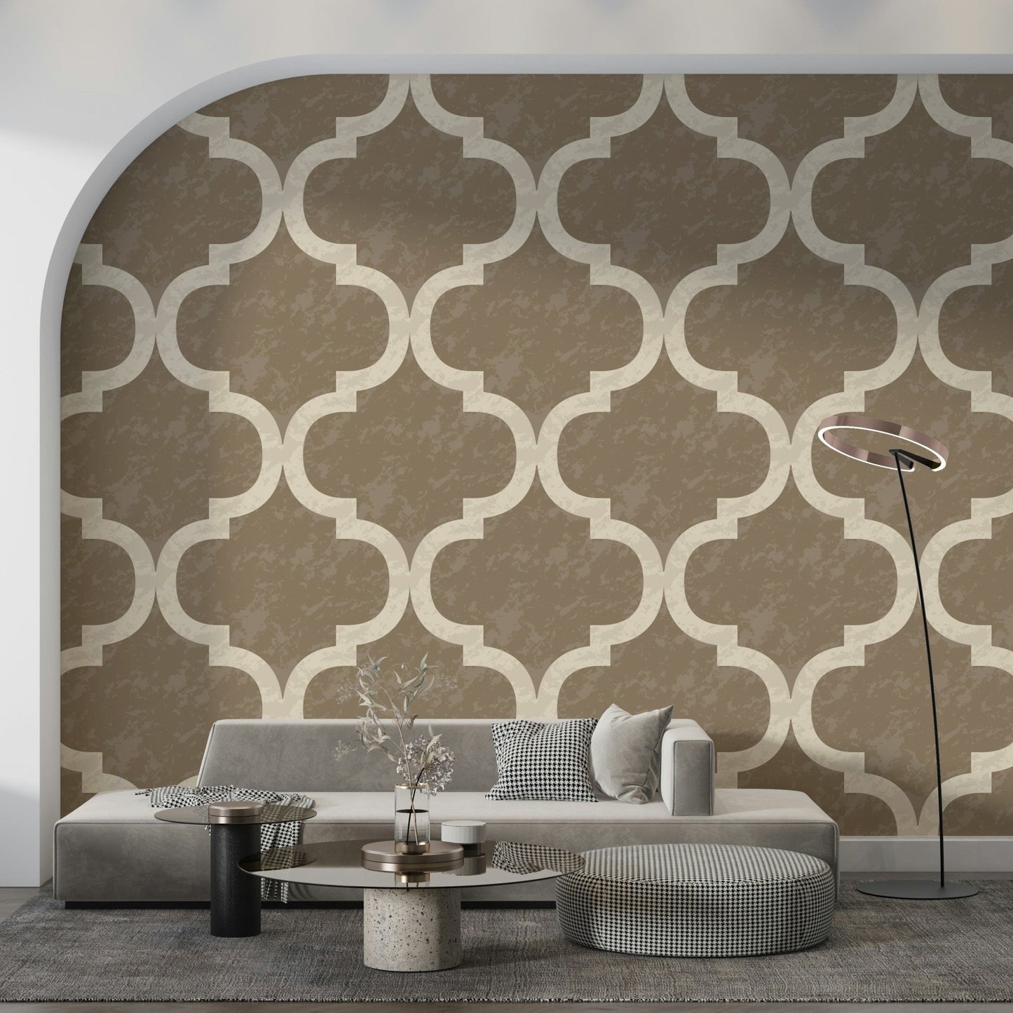 Warm brass Moroccan trellis wallpaper with classic ogee motif