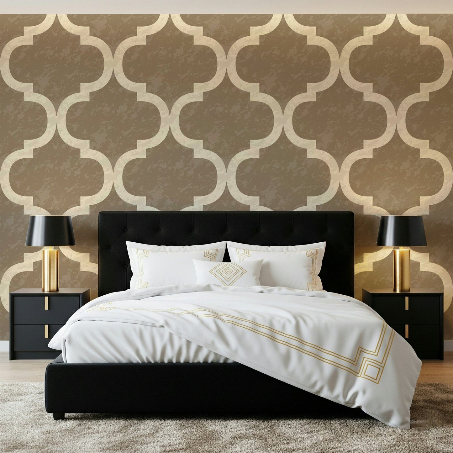 Neutral gold-brown ogee wallpaper with subtle distressed texture