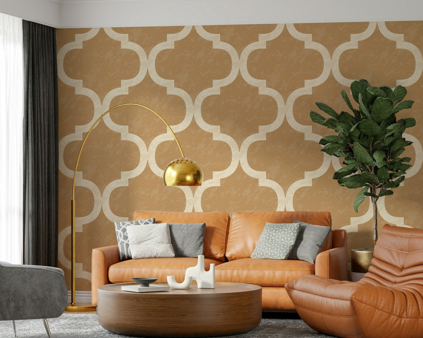 Moroccan-inspired geometric wallpaper in golden tones