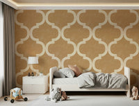 Decorative tan wallpaper with repeating ogee pattern