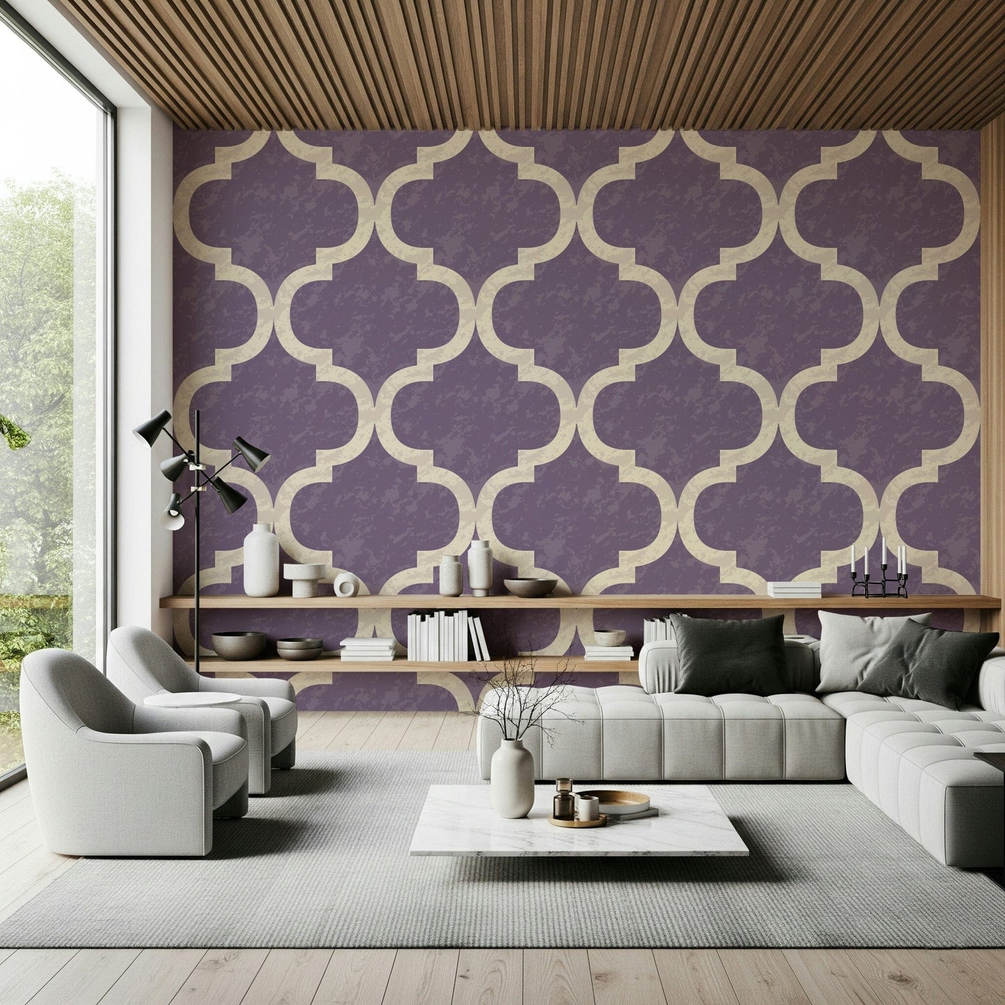 Arabesque ogee geometric wallpaper in purple and cream