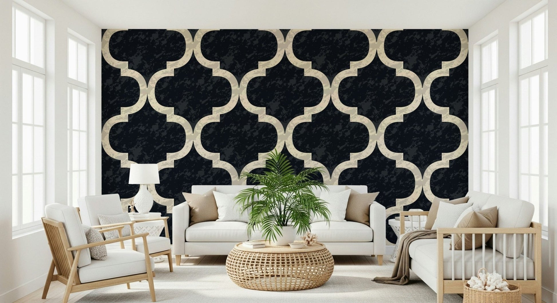 Ink black geometric wallpaper with Moroccan lattice motif