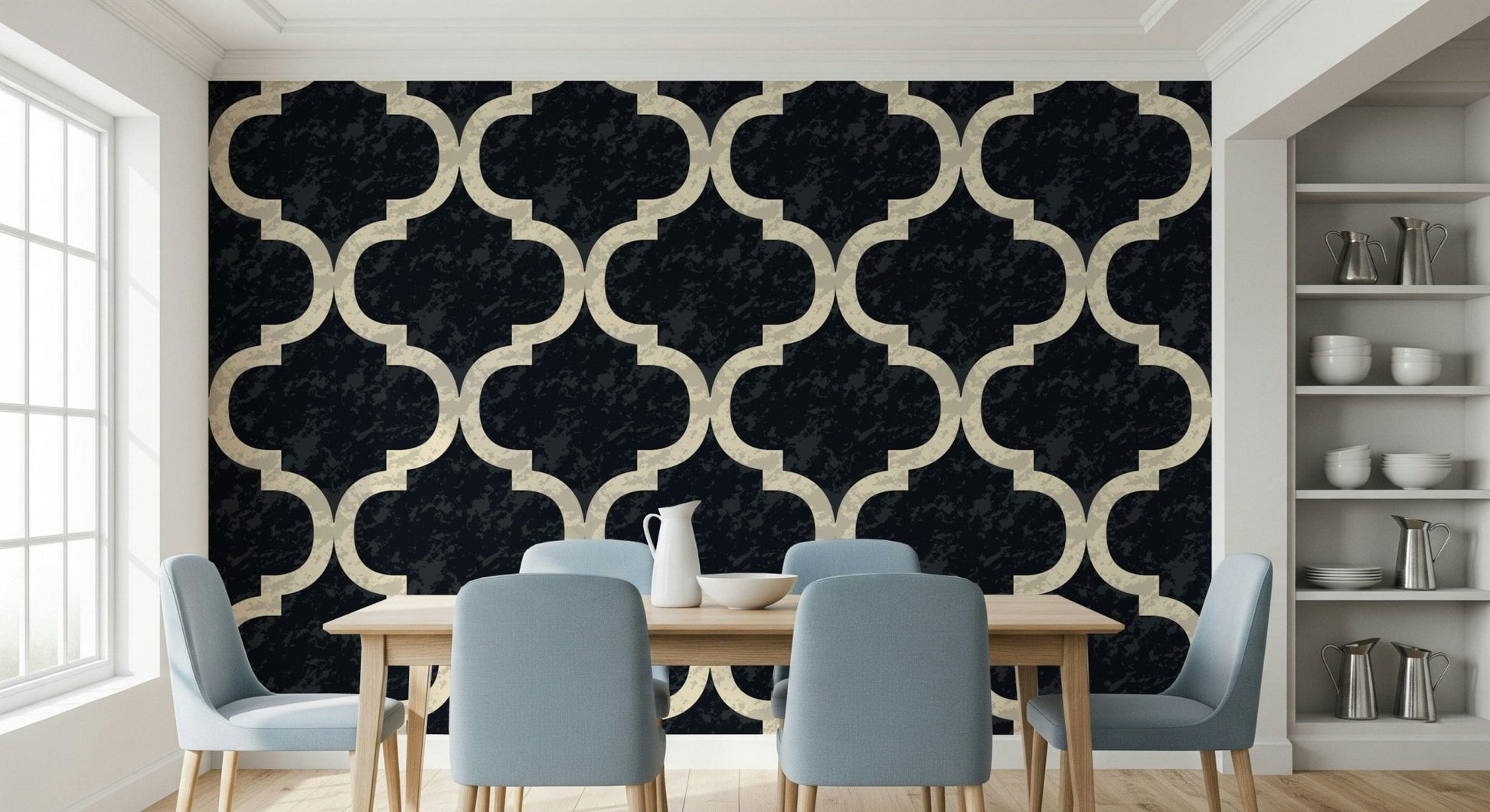 Vintage-style Moroccan ogee wallpaper with weathered finish