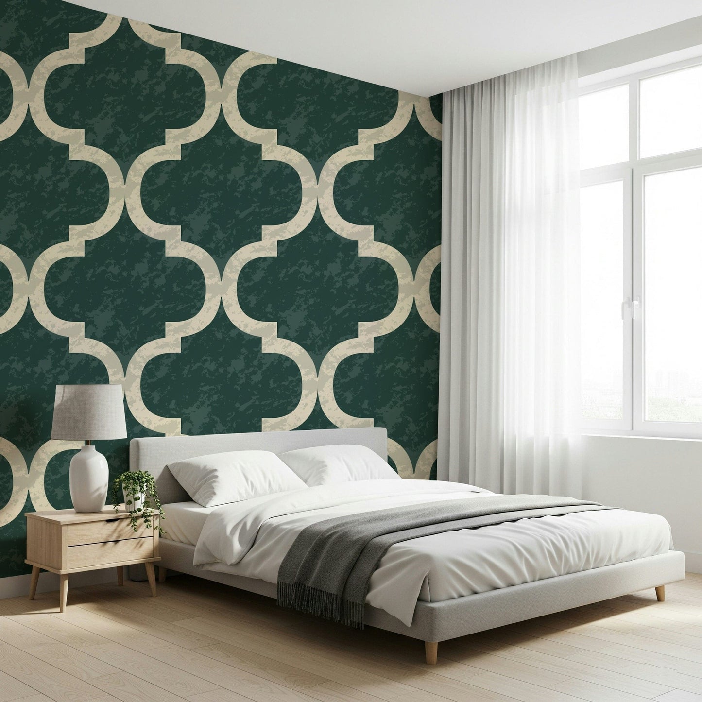 Cream ogee pattern on textured ivy green background wallpaper
