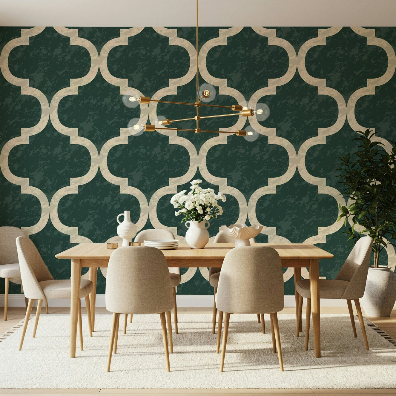 Moroccan ogee wallpaper in ivy green with cream trellis