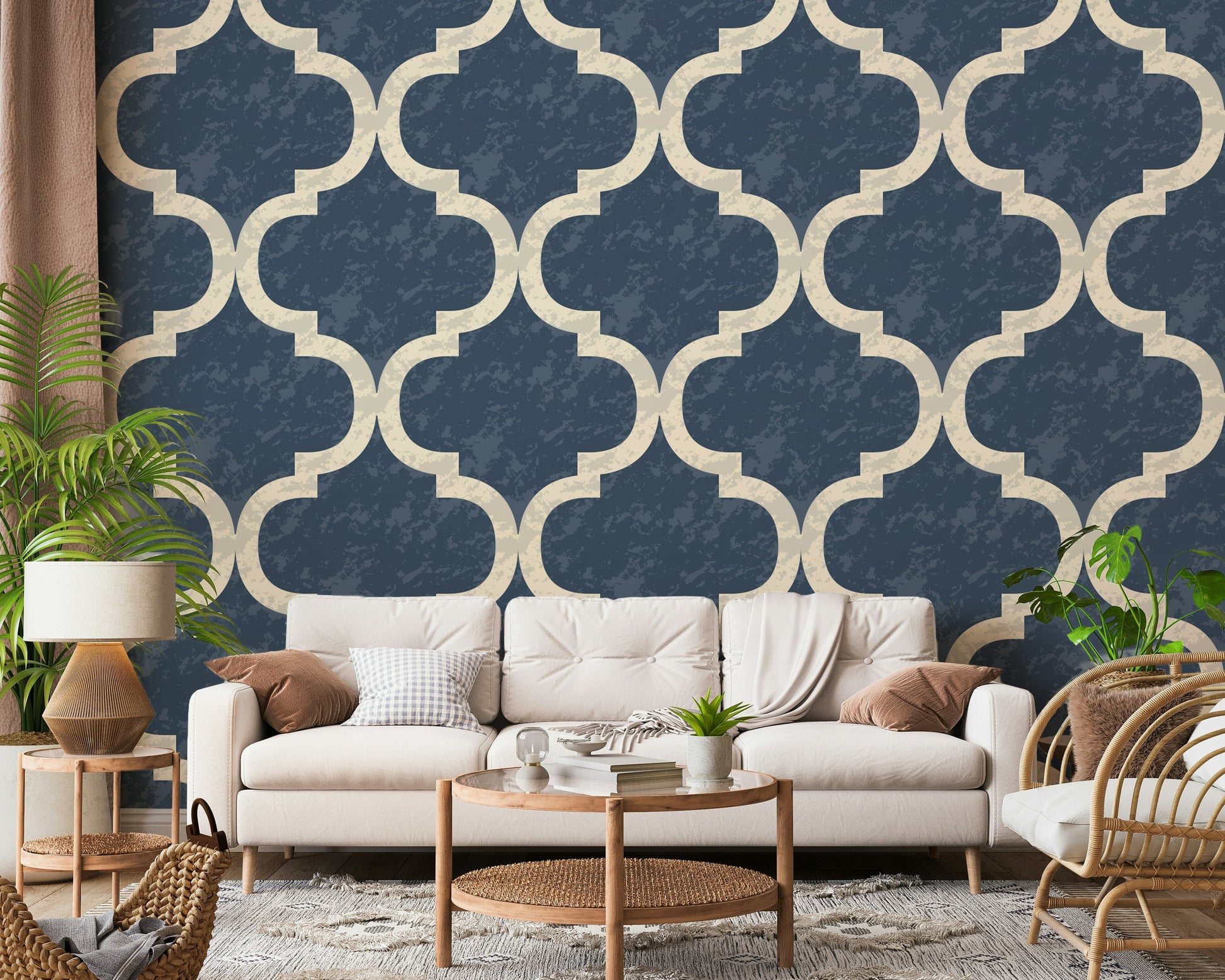 Unique wallpaper mural Moroccan Ogee Twilight Blue accent wall.