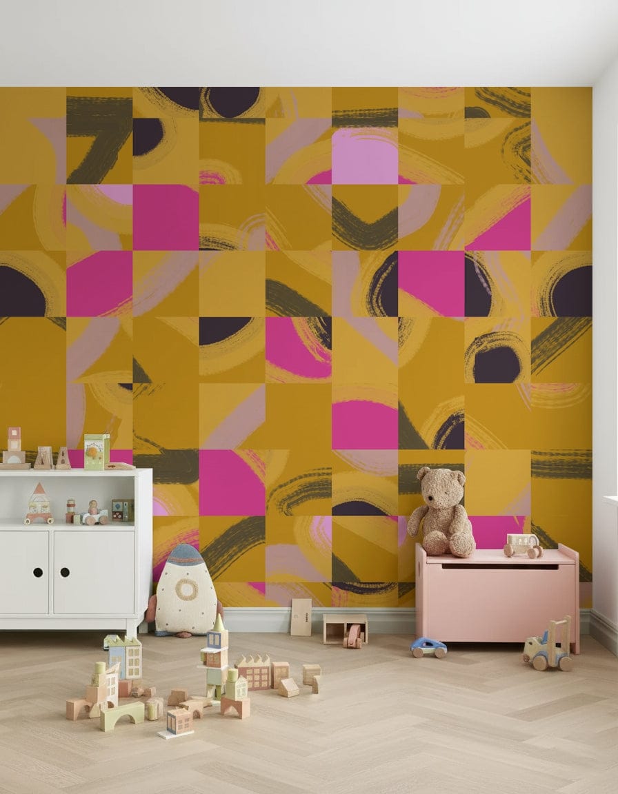 Mosaic Brushstrokes Abstract mural, cubist chaos, glorious magenta and gold.