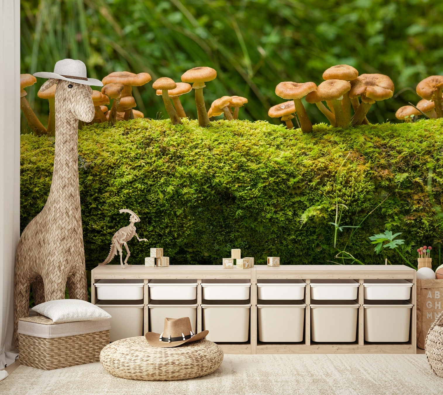 Woodland moss and mushrooms wall mural for earthy decor

