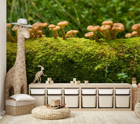 Woodland moss and mushrooms wall mural for earthy decor

