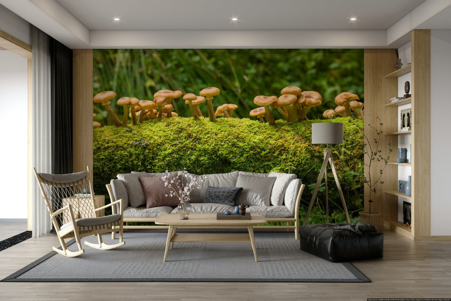 Detailed mossy log mushrooms wall mural for earthy vibes


