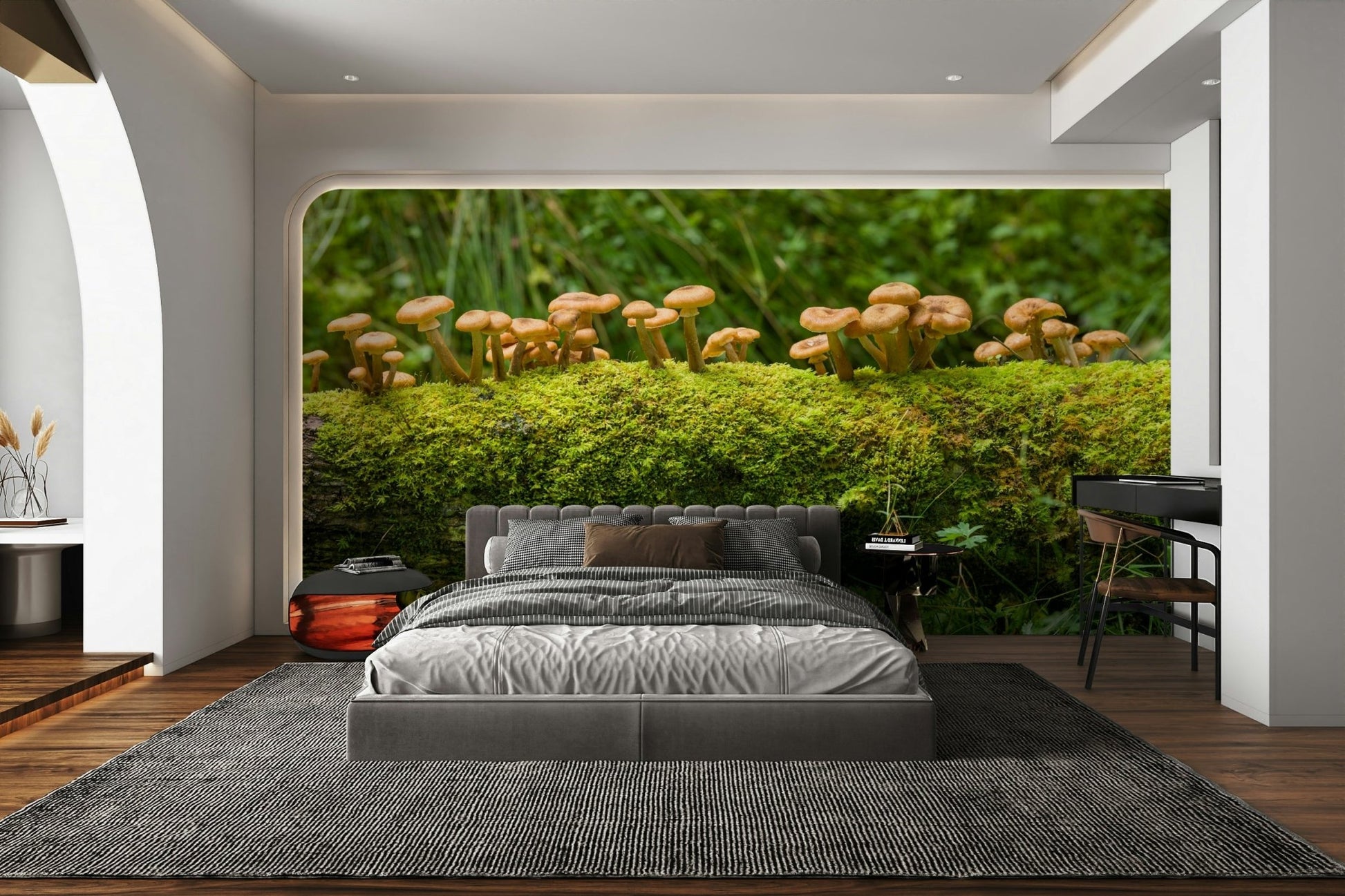 Mossy log mushrooms wall mural with natural beauty

