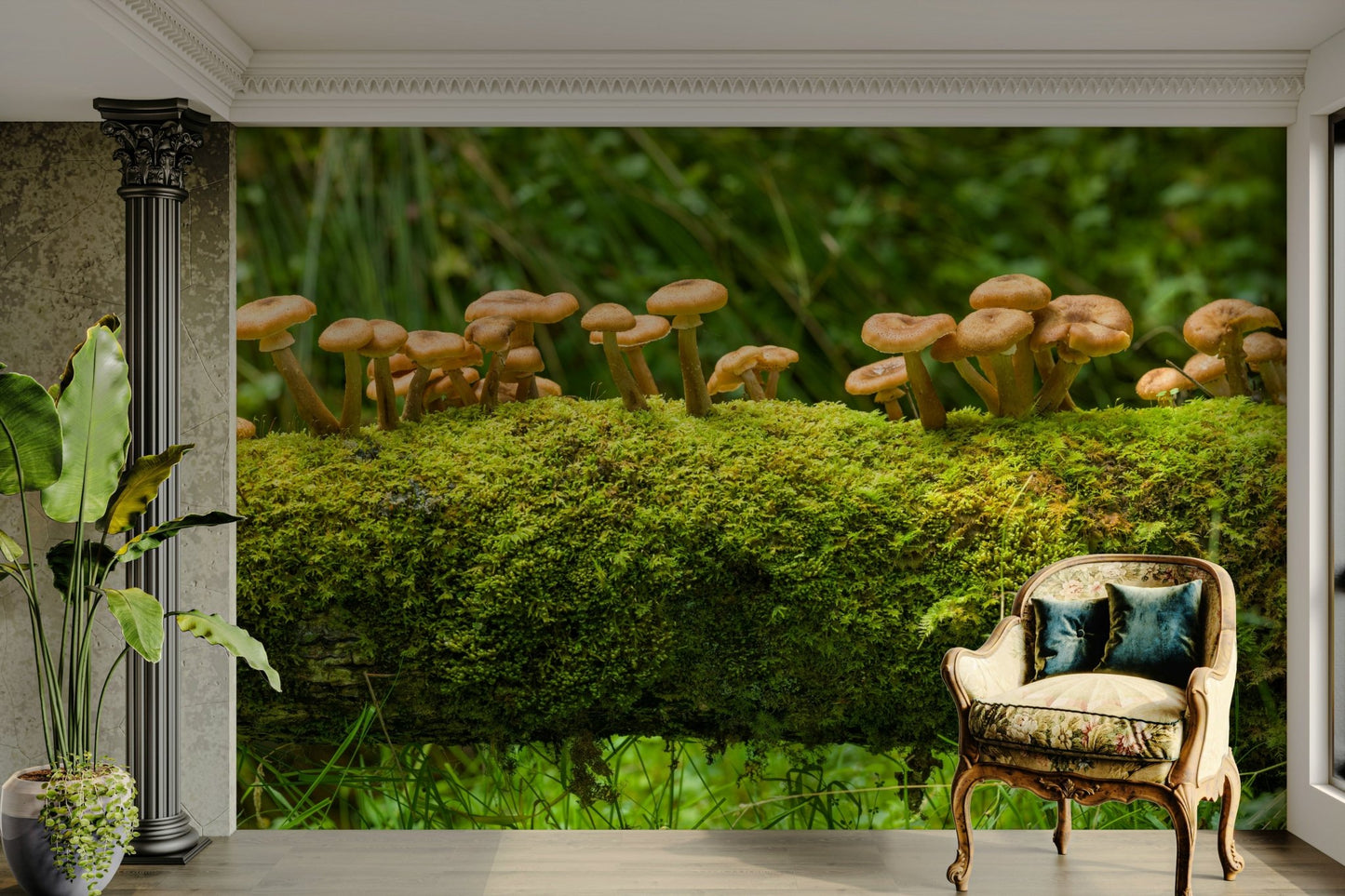 Rustic mossy log mural with mushrooms for cozy spaces

