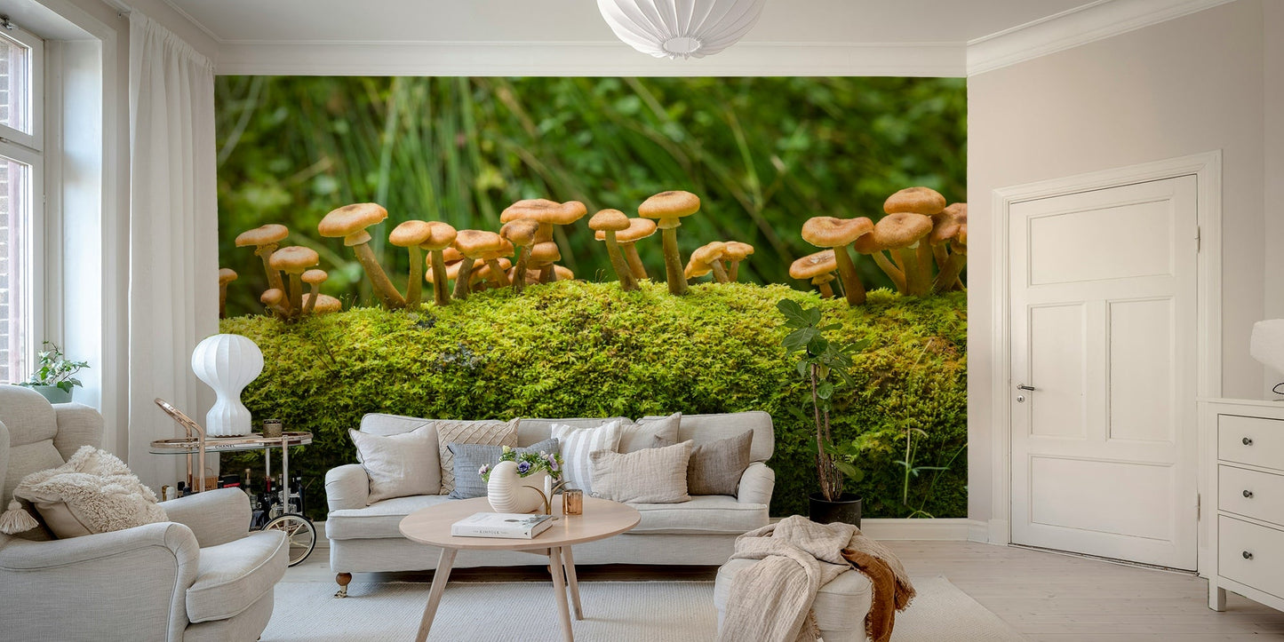 Enchanting mossy log mushrooms mural for natural spaces

