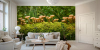 Enchanting mossy log mushrooms mural for natural spaces

