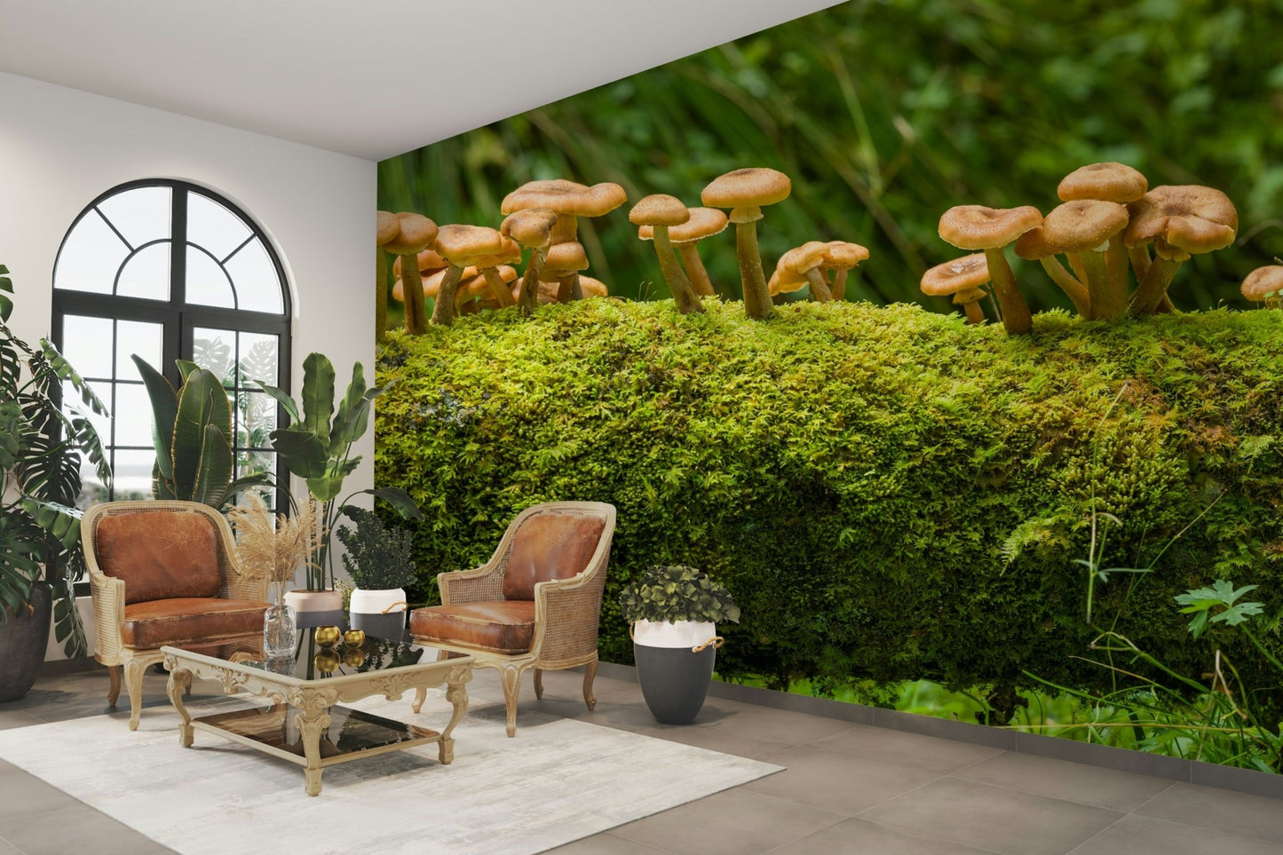 Mossy log mushrooms mural for woodland-inspired decor

