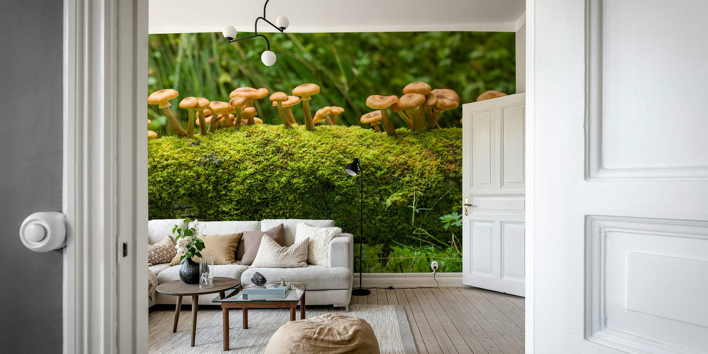 Serene moss and mushroom mural for nature-themed interiors


