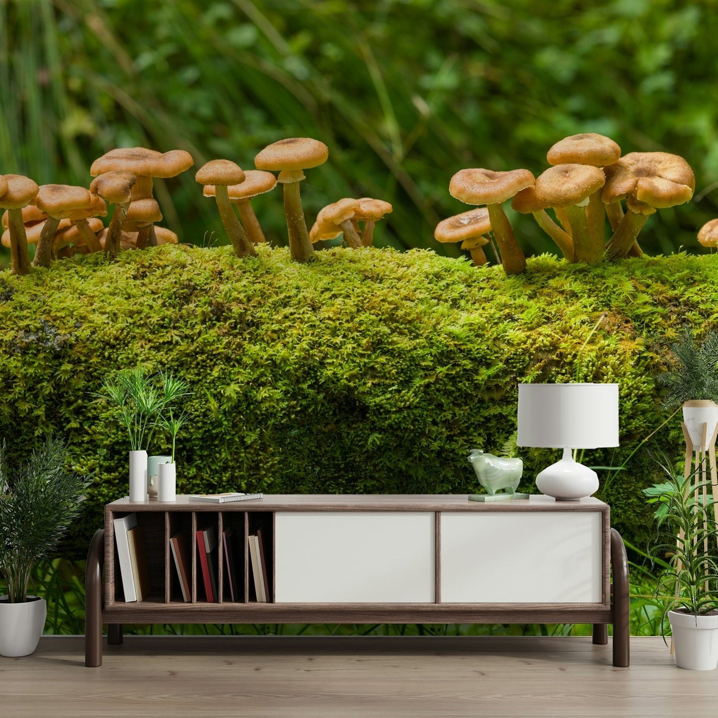 Nature-inspired mossy log mushrooms wall mural design

