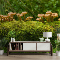 Nature-inspired mossy log mushrooms wall mural design

