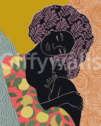 Mother's Embrace wall mural close-up showing a black mother and child with purple monstera-leaf hair on gold