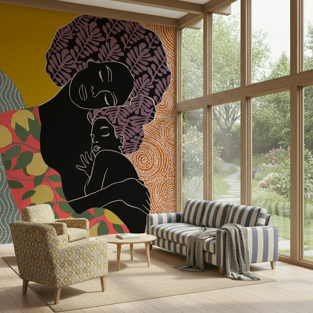 Mother's Embrace wall mural of a mother holding a child behind a striped blue sofa beside garden windows