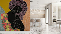 Mother's Embrace wall mural with a boho mother-and-child motif beside a marble kitchen island and stools