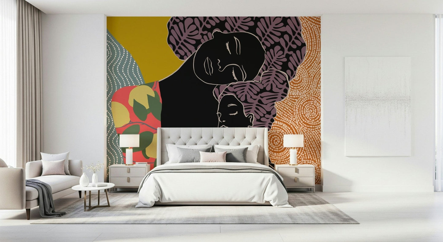 Mother's Embrace wall mural with a mother and child motif behind a cream tufted bed and lamps in a bedroom