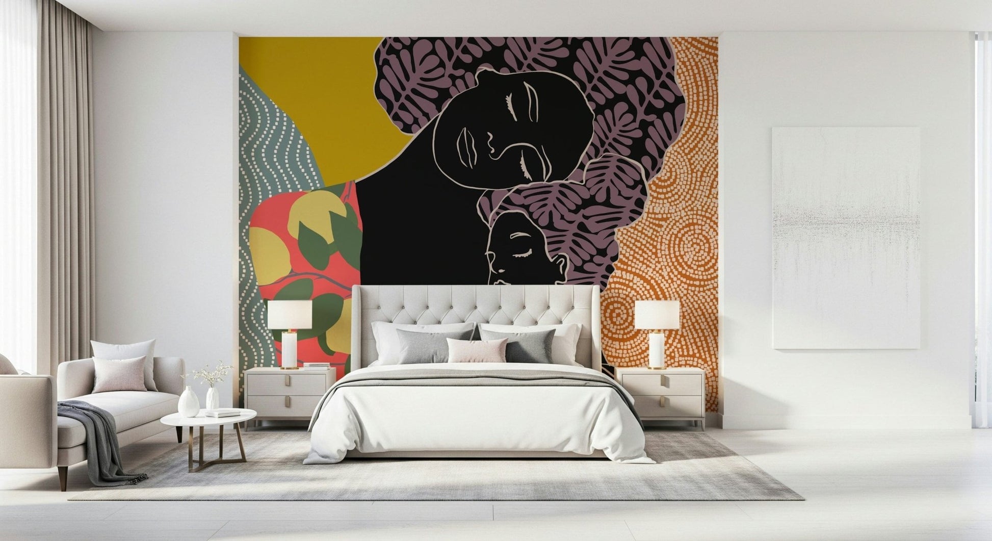 Mother's Embrace wall mural with a mother and child motif behind a cream tufted bed and lamps in a bedroom