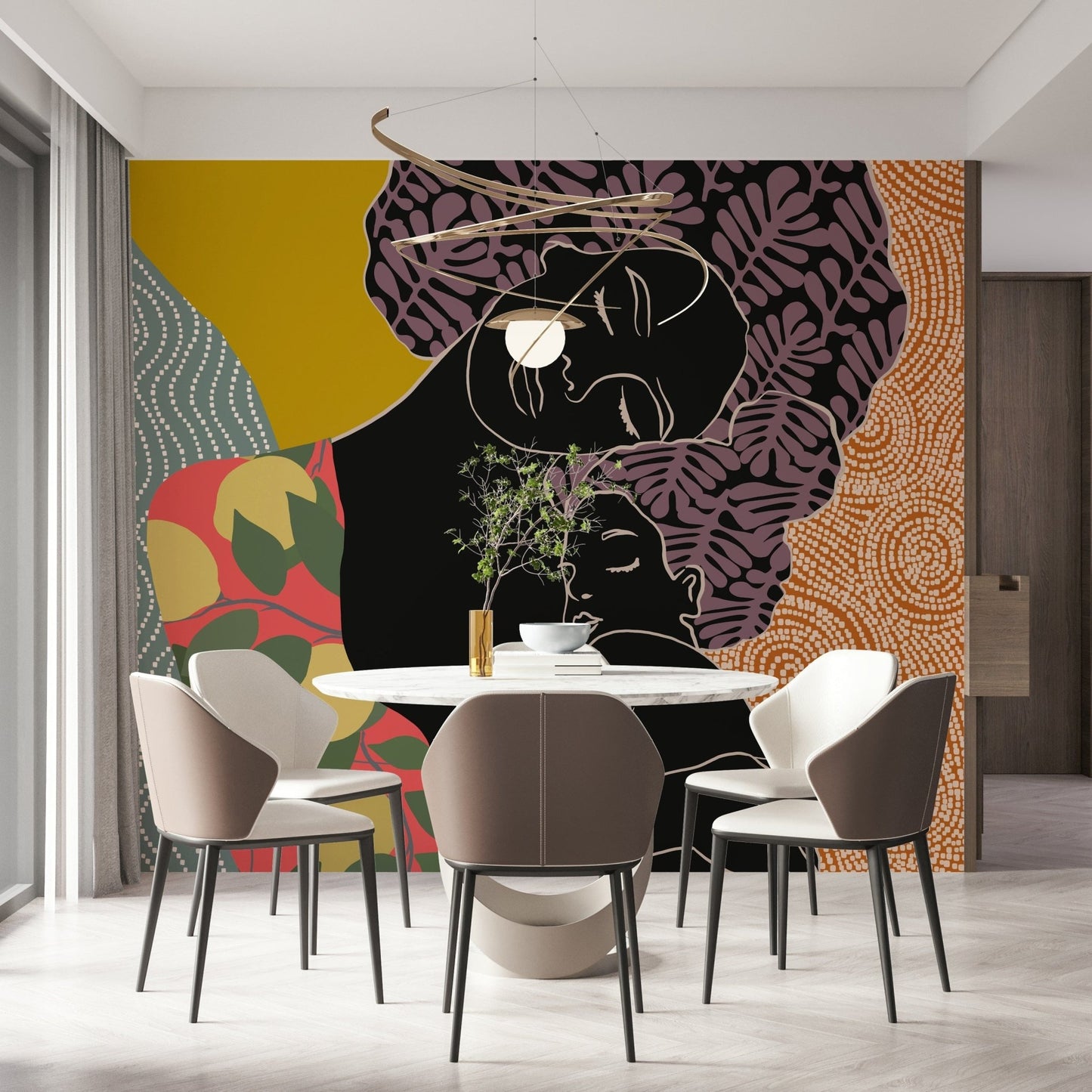Mother's Embrace wall mural with a mother-and-child design behind a round marble dining table and taupe chairs