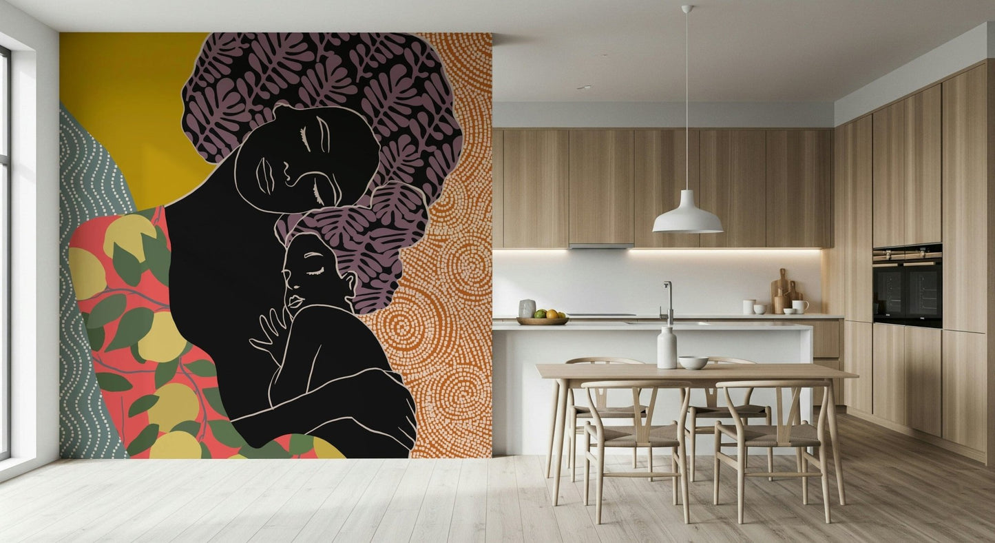 Mother's Embrace wall mural of a mother holding a child beside a wood dining table and kitchen cabinets