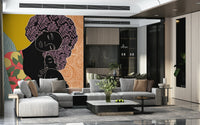 Mother's Embrace wall mural of a mother and child silhouette behind a grey sectional sofa in a living room