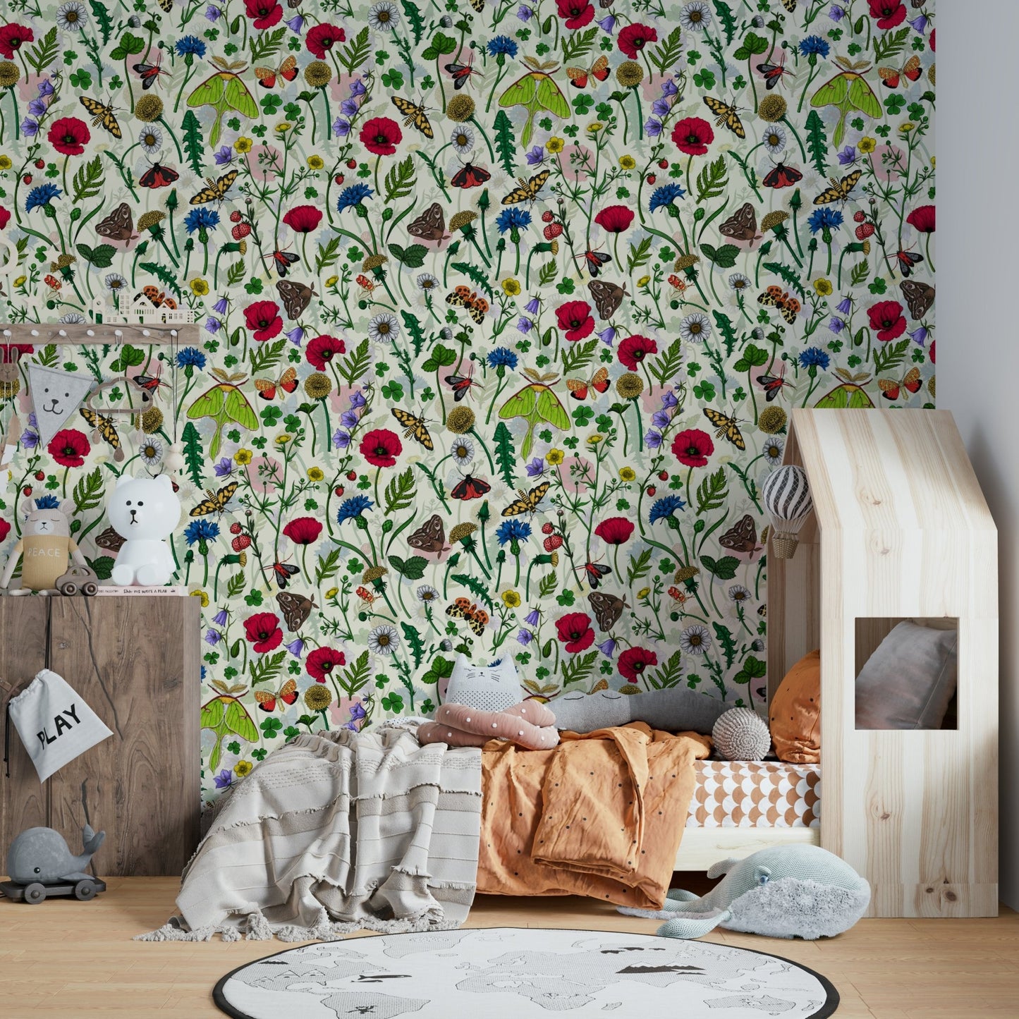 Beautiful moth and wildflower wallpaper in soft, earthy tones

