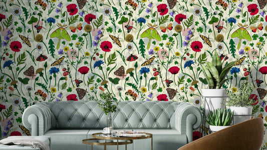 Moths and Wildflowers Wallpaper with soft floral and moth designs

