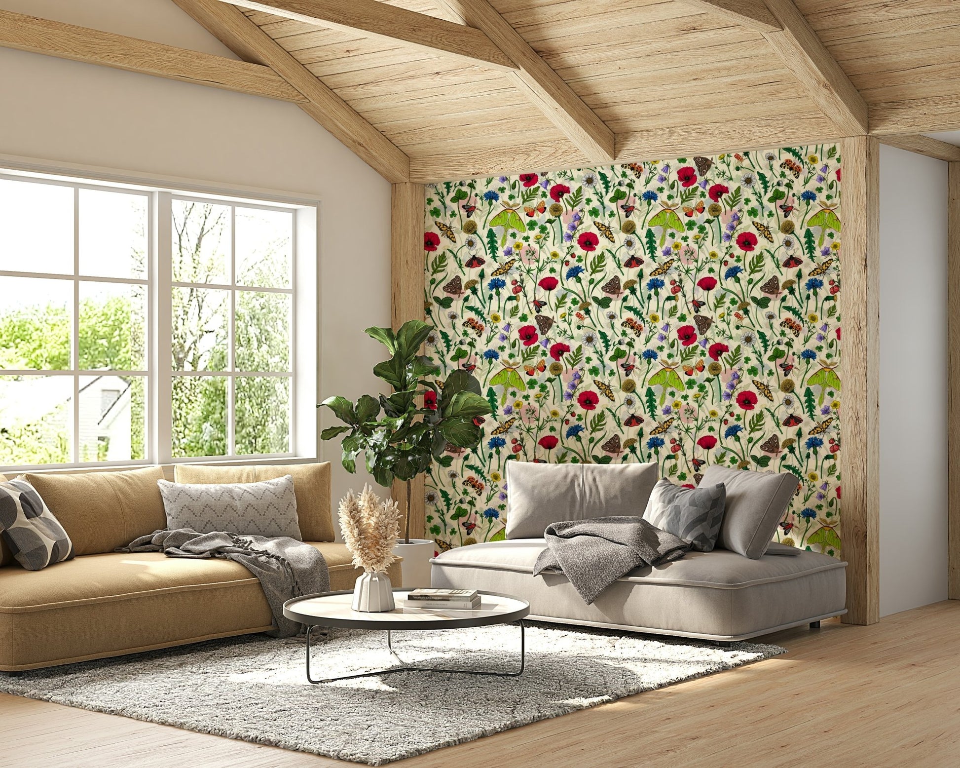 Nature-inspired wallpaper featuring delicate moths and flowers

