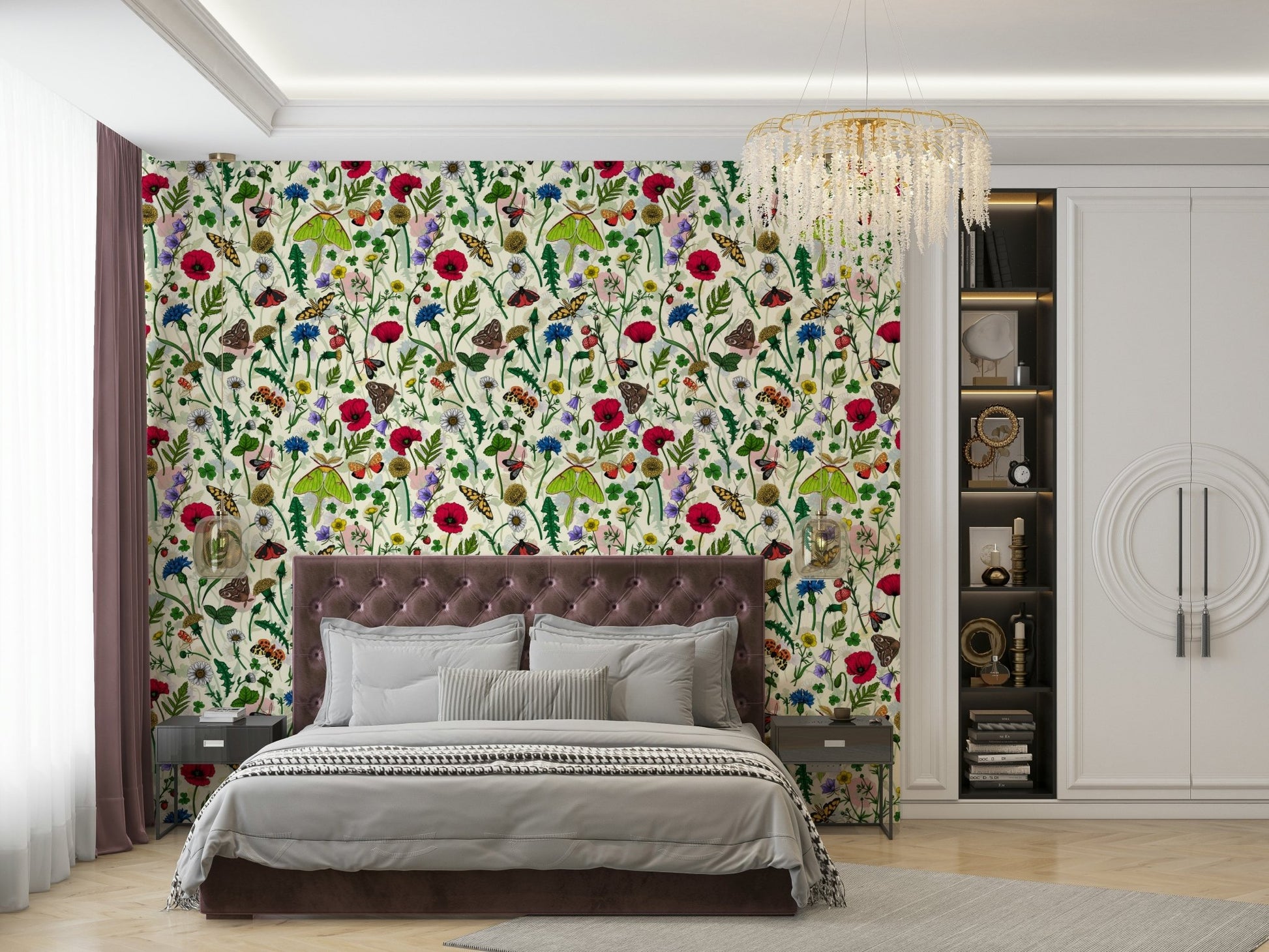 Elegant wallpaper with intricate wildflower and moth patterns

