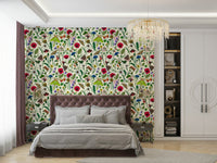 Elegant wallpaper with intricate wildflower and moth patterns

