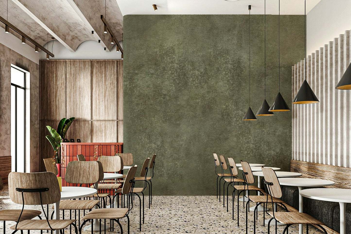 Muted green wallpaper with depth
