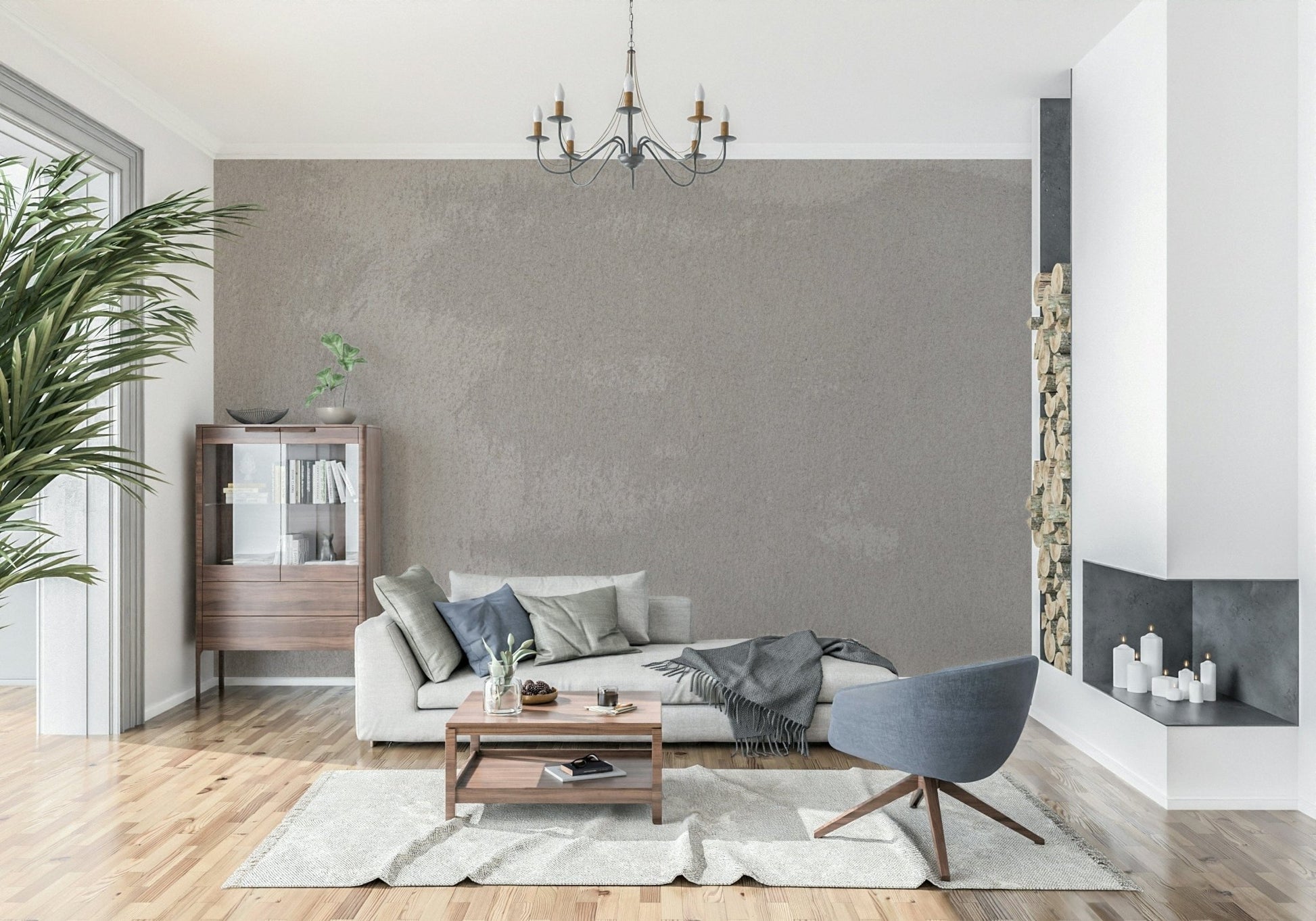 Mottled stone wall mural with earthy browns, grays, and beiges for a warm, organic ambiance.