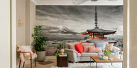 Colorkey wallpaper of Mount Fuji and cherry trees in bloom

