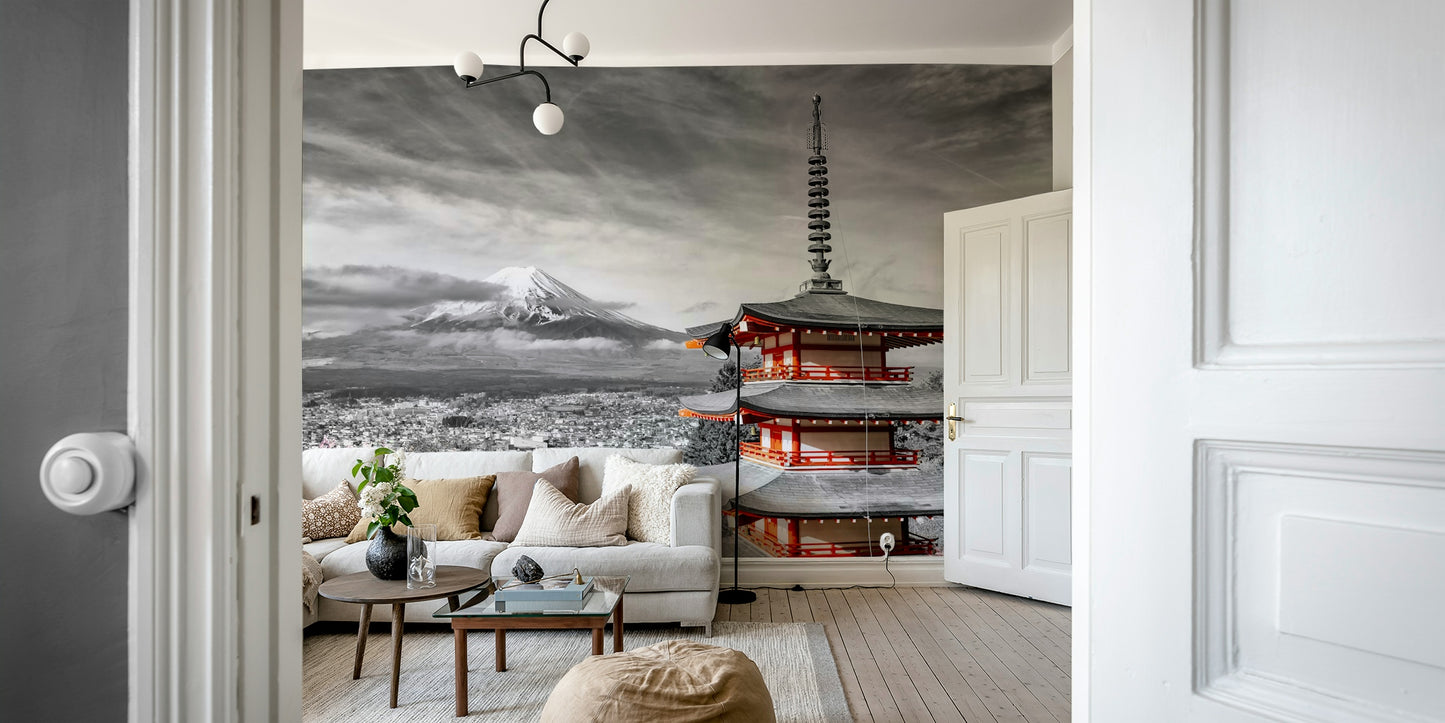 Cherry blossom mural featuring iconic Mount Fuji view


