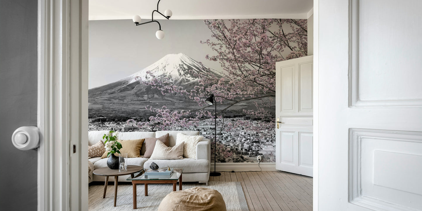 Mount Fuji wallpaper with vivid pink sakura details

