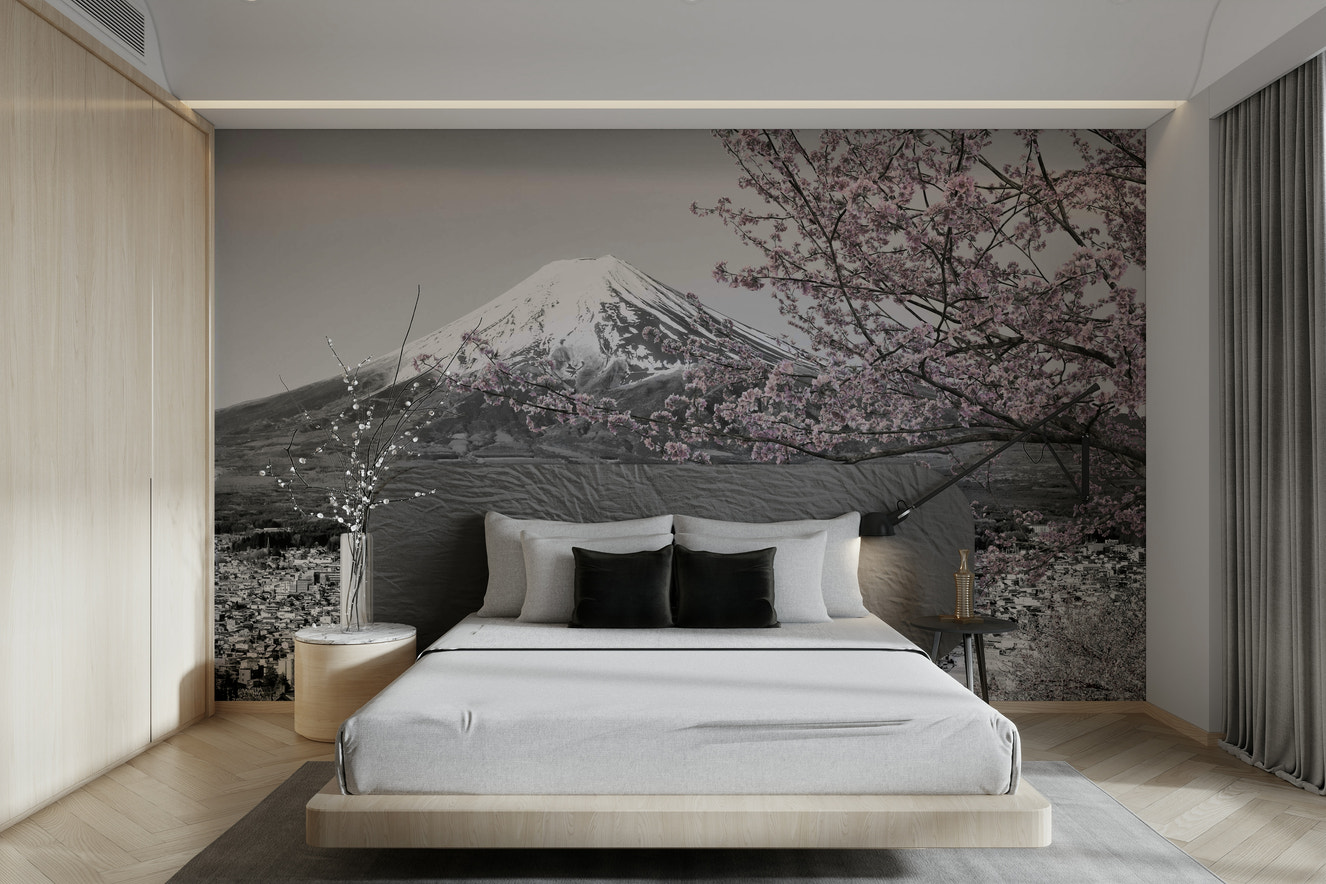 Mount Fuji wall mural with cherry blossoms in foreground

