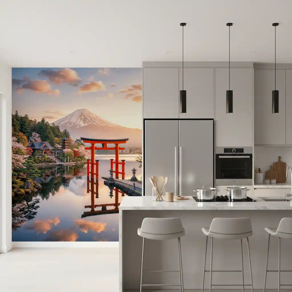 Japanese wall mural adds calm detail to a Dining room with Mount Fuji and sakura