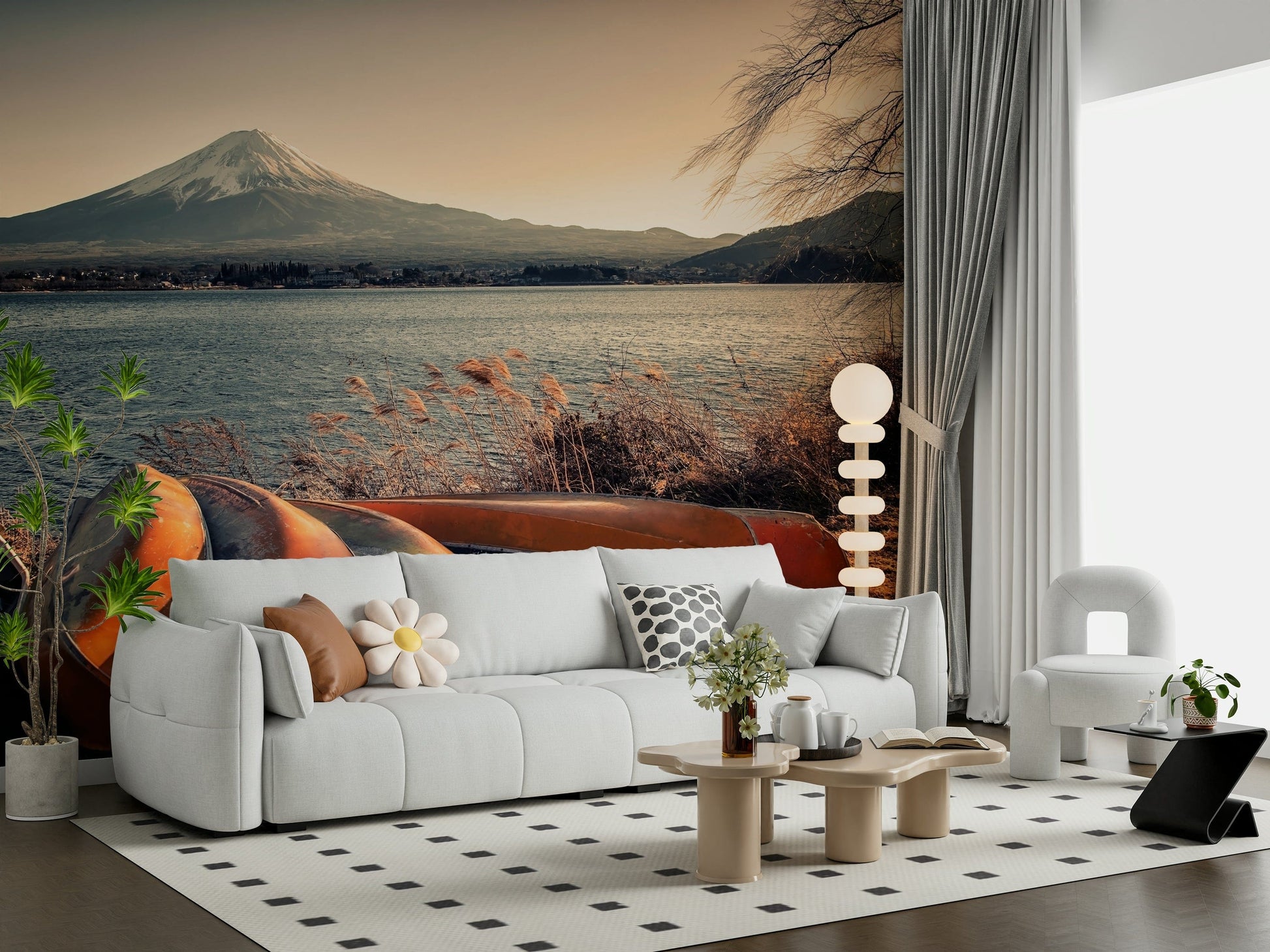 Modern lounge with Mount Fuji mural, blue water reflection, feature wall backdrop