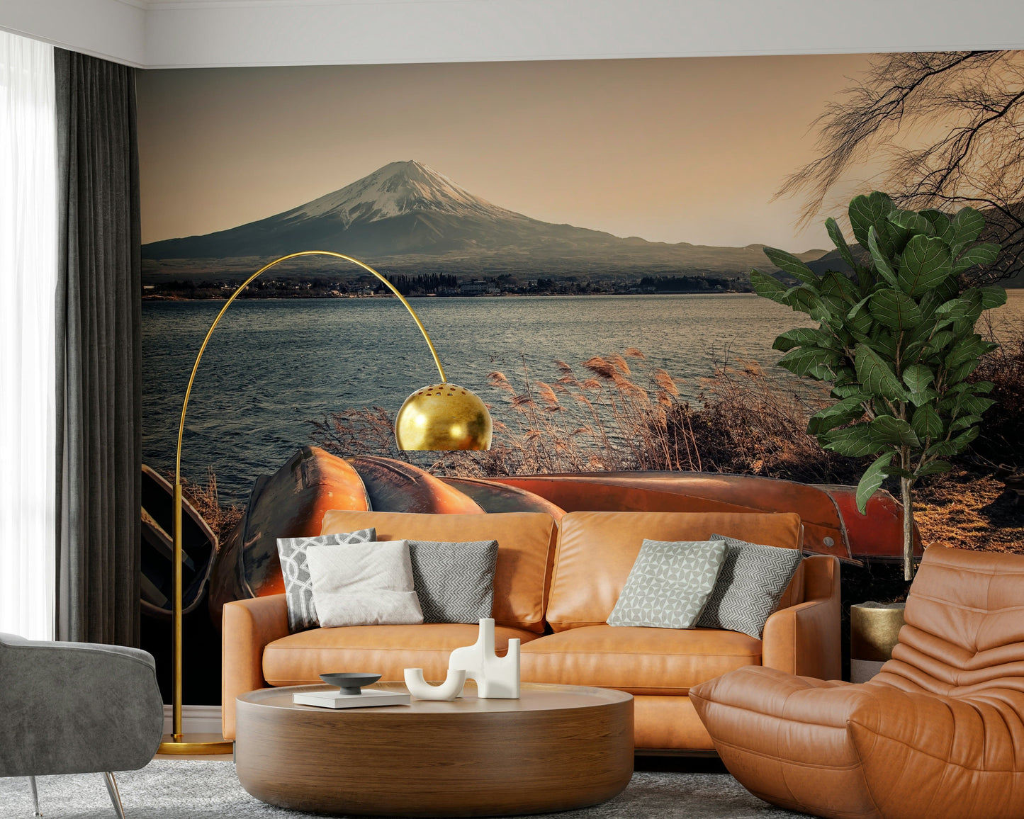 Misty Fuji lakeside wallpaper mural in apartment dining area, cool color palette